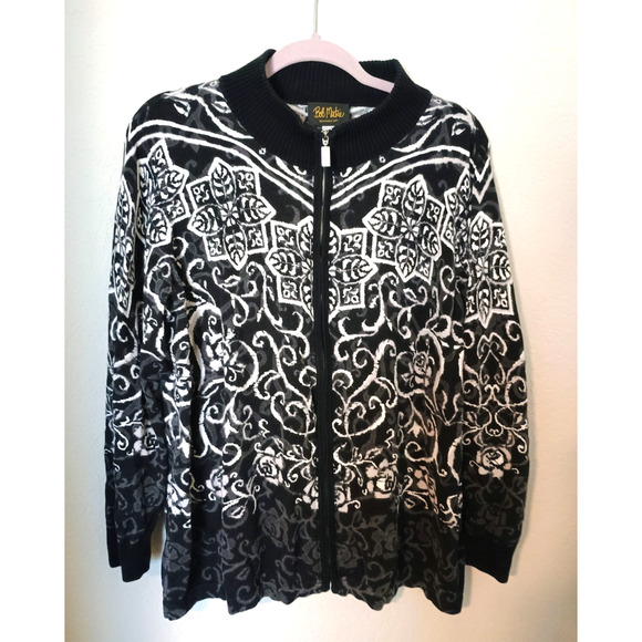 Bob Mackie Wearable Art Cotton Blend Black White Print Full Zip Sweater 1X - Picture 1 of 4
